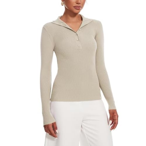 Women's 2024 Fall Button Down Lapel V Neck Long Sleeve Ribbed Knit Casual Slim Tops Apricot XX-Large