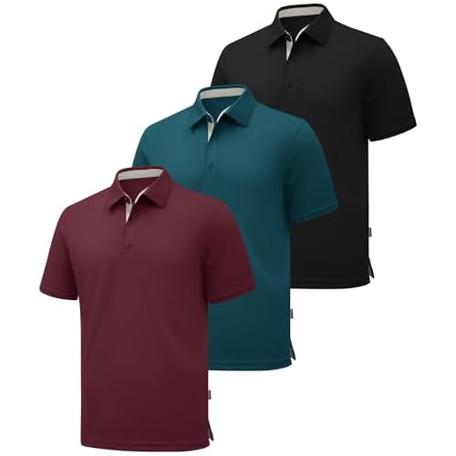 ZITY 3 Pack Polo Shirts for Men Short Sleeve Moisture Wicking T Shirt Business Casual Mens Golf Shirts Collared T-Shirts Black Red Teal X-Large