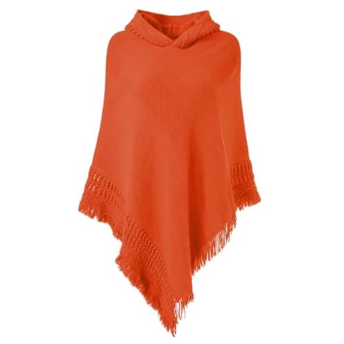 Ferand Ladies' Hooded Cape with Fringed Hem, Crochet Poncho Knitting Patterns for Women One Size Orange
