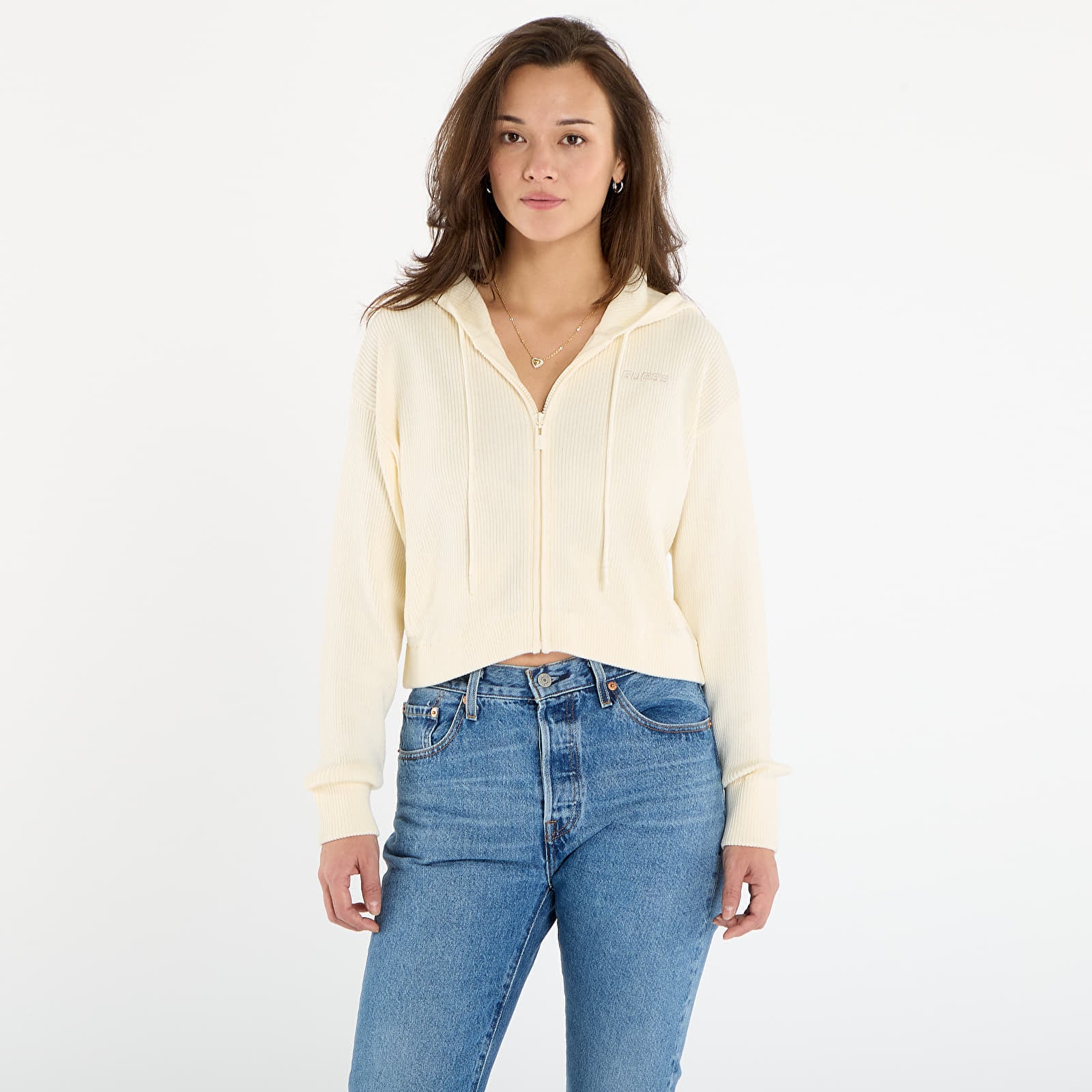 Sweter Guess Flaminia Ribbed Hoodie Zipped Cream XS