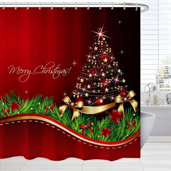 Red Christmas Shower Curtain Xmas Tree Print Bath Curtain Home Decor Winter Holiday Year Home Bathroom Curtains with Hooks 250120