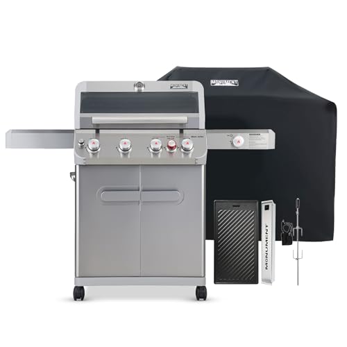 Monument Grills Outdoor Barbecue Stainless Steel 4 Burner Propane Gas Grill, 62,000 BTU Patio Garden Barbecue Grill with Side Burner, Mesa415BZ with A