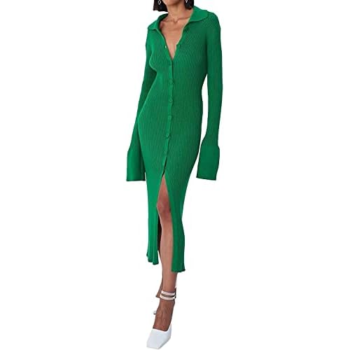 RanRui Women Long Sleeve Knit Dress Stripe Botton Down Knitted Dress Cardigan Sweater Dresses Ribbed Knit Bodycon Maxi Dress Large Green