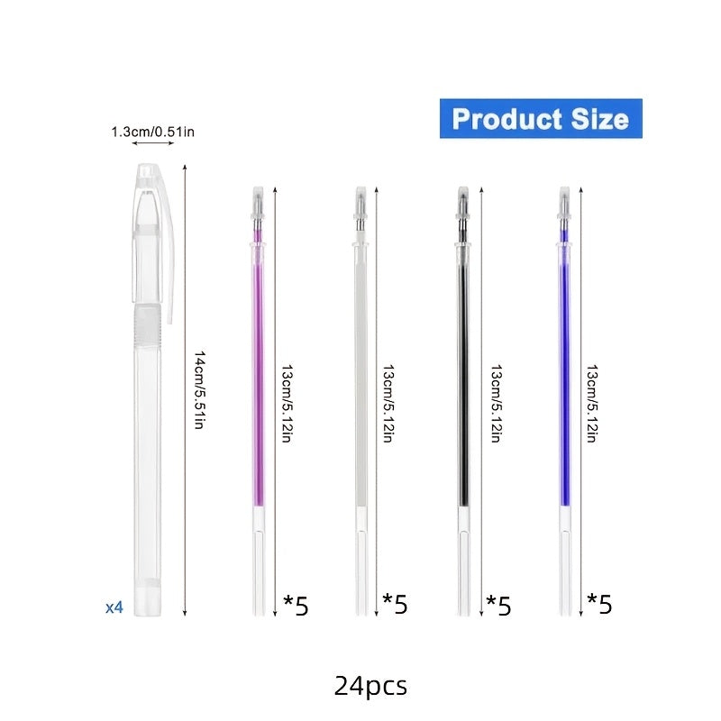 TEMU Gdgdsy 24-pack Heat Erasable Pens With 4 Fabric Marking Pens & 20 Refills, Mixed Colors, Strong Clip, Transparent Case, Fine Tip For Quilting,