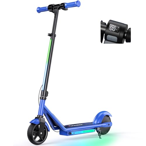 iScooter IK3-IK3Pro Electric Scooter for Kids Aged 6-12, LED Display, 3 Speeds, 3 Heights (IK3Pro), Magnetic Charging, 150W Motor, Colorful Lights Blu