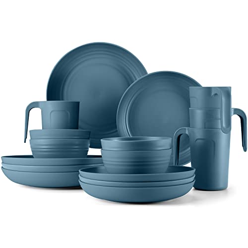 Odoland Lightweight Unbreakable Cutlery Sets for 4 People, Microwave and Dishwasher Safe Plates Bowls Mug Kit, Reusable Dinnerware with Cutlery, for C