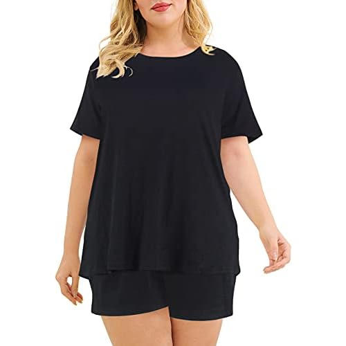 Celkuser Plus Size Pajamas Set for Women 2-Piece Short Sleeve Sleepwear Soft Loungewear PJs with Pockets 1x-5x Black 4X-Large Plus