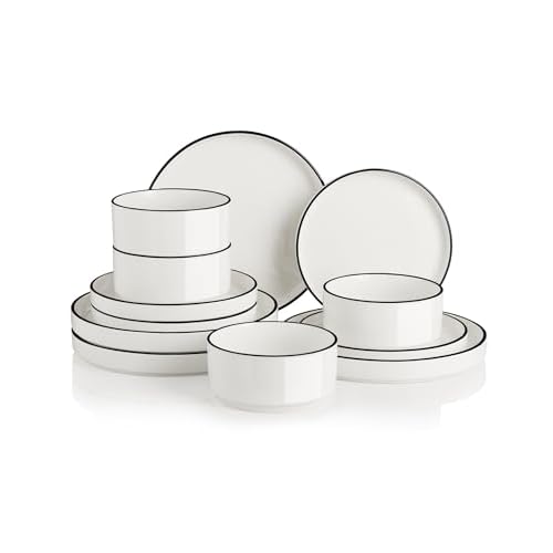 Sweejar Porcelain Dinnerware Sets for 4, 12 Pieces Ceramic Plates and Bowls Set, Classic Modern Simple Kitchen Dinner Dining Ware Set, Dishwasher and