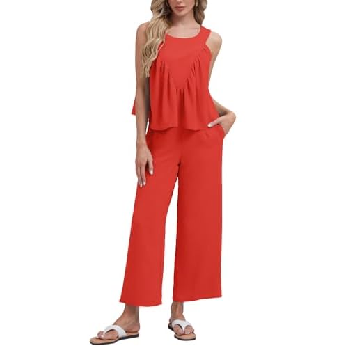 FANCYINN Women's Summer 2 Piece Outfits Peplum Ruffle Sleeveless Babydoll Tank Top Wide Leg Pants Set 2025 Tracksuit Orange X-Large