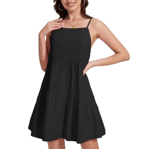 FANCYINN Women's 2025 Summer Mini Dress Sleeveless Spaghetti Strap,Backless Tiered Swing Dress Beach Wedding Guest,Vacation Black Large