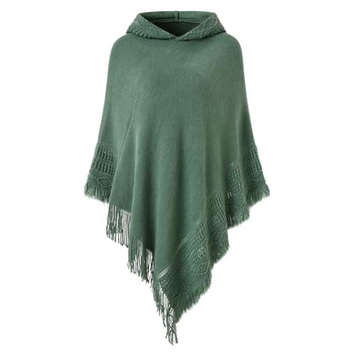 Ferand Ladies' Hooded Cape with Fringed Hem, Crochet Poncho Knitting Patterns for Women One Size Light Green