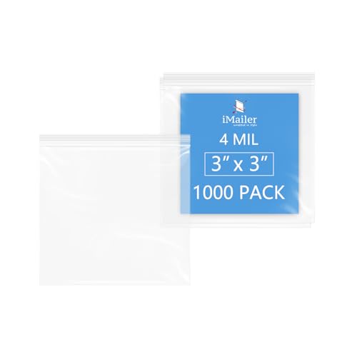 iMailer - 4 Mil Heavy Duty Zip Bags with Resealable Zip Top Lock - 3" x 3" 1000 Pack - Reusable Plastic Bags for Food, Crafts, and Hardware Storage -