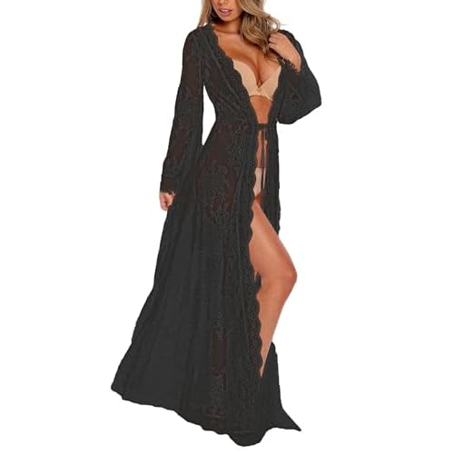 Bsubseach Lace Long Sleeve Beach Kimono Cover Up for Women Bikini Swimsuit Cover Ups Swimwear Cardigan Black