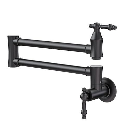 Brass Pot Filler Faucet Black: Wall Mount Commercial Pot Filler with Double Joint Swing Arms - Traditional 2 Handle Kitchen Pot Faucet Over Stove