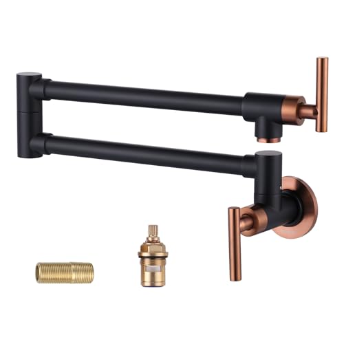 WOWOW Pot Filler Faucet Black and Rose Gold, Brass Pot Filler Wall Mount Kitchen Stove Faucet with Double Joint Swing Arms Black & Rose Gold