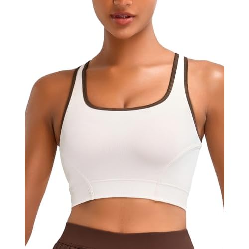 RUNNING GIRL Sports Bras for Women High Support,Seamless Ribbed Longline High Neck Sports Bra Racerback Padded Crop Top Yoga Small C-white