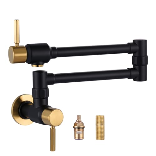 Black and Gold Pot Filler Faucet: ALEASHA Solid Brass Made Heavy Duty Pot Filler, Wall Mount Pot Filler 2 Handles with Double Joint Swing Arms Over St