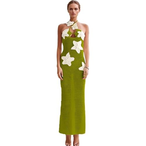 RanRui Women's Halter 3D Flower Knitted Hollow Out Beach Dress balckless Open Back Swimsuit Cover up Holiday Party Dress Bright Green+white Flower Lar