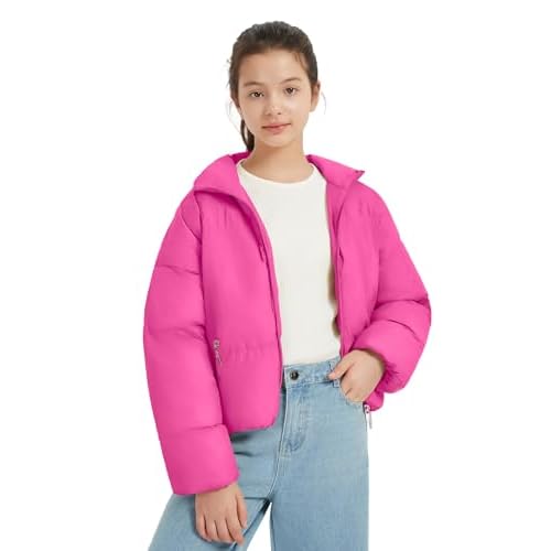 EXARUS Girls Puffer Jacket Warm Water Repellent Oversized-Cropped Stand Collar Pockets Zip up Quilted Short Bubble Coat Regular 8 Years Hot Pink-regul