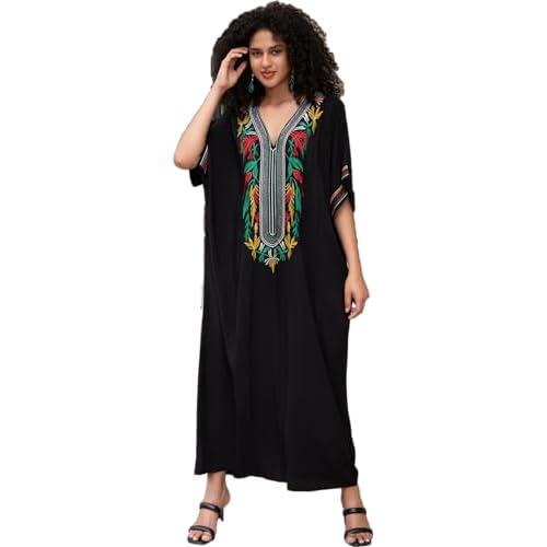 Women's Embroidery Swimsuit Cover Ups Beach Cover Up Caftan Plus Size Vneck Rainbow Ethnic Print Kaftan Batwing One Size L23186-0