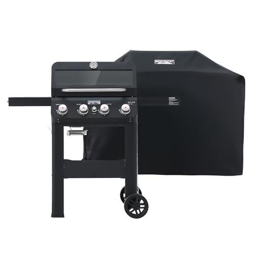Monument Grills 4-Burner Liquid Propane Gas Grill, Matte Black Stainless Steel Burner Grill with Clearview® Lid, One Foldable Shelf for Outdoor Cooki