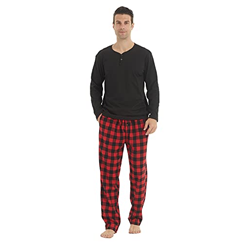LANBAOSI Pajamas for Men Set Long Sleeve Henley Microfleece Shirt Plaid Flannel Pants Comfy Pjs Sleepwear Plush Loungewear Black+red Medium