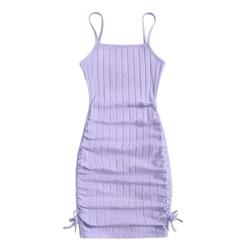 EXARUS Girls Bodycon Tight Spaghetti Strap Mini Short Dress Ribbed Knit Summer Sleeveless Ruched Pencil Dresses 8-14Y 14 Years Ruched Side Purple