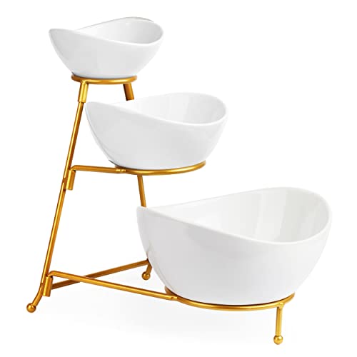 LAUCHUH 3 Tier Serving Stand Serving Dishes for Entertaining Porcelain Oval Bowl Set Tiered Serving Tray for Fruit, Vegetable, Nuts, Salad, Chip Dip B