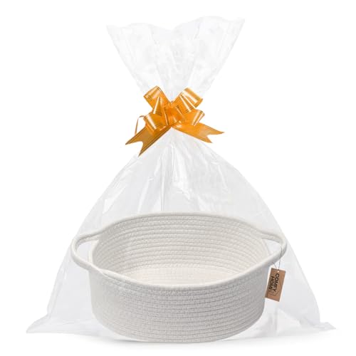 COMFY HOMI Small Woven Baskets with Handles, Gift Bags and Ribbons - Durable Cotton Rope Storage Organizer for Baby Basket, Dog Toy Basket Box, Gift B