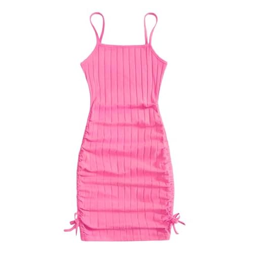EXARUS Girls Bodycon Tight Spaghetti Strap Mini Short Dress Ribbed Knit Summer Sleeveless Ruched Pencil Dresses 8-14Y 14 Years Ruched Side Hot Pink