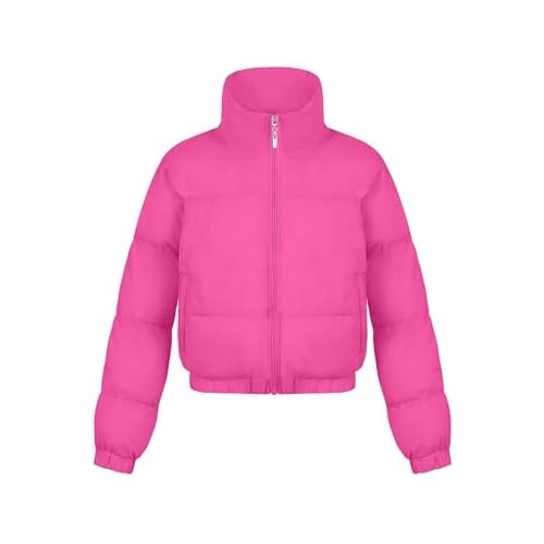 EXARUS Girls Puffer Jacket Warm Water Repellent Oversized-Cropped Stand Collar Pockets Zip up Quilted Short Bubble Coat Crop 8 Years Hot Pink-crop