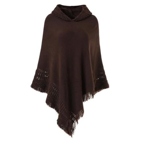 Ferand Ladies' Hooded Cape with Fringed Hem, Crochet Poncho Knitting Patterns for Women One Size Brown