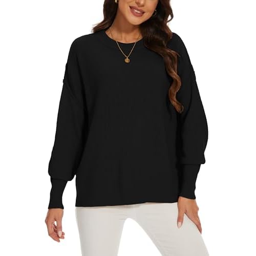 Women's Crewneck Long Sleeve Oversized Sweaters 2024 Fall Side Slit Ribbed Knit Pullover Sweater Tops Black Small