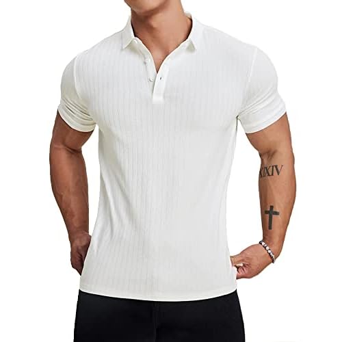 Muscle Cmdr Men's Cotton Muscle Shirts Slim Fit Business Casual Tee Long&Short Sleeve Ribbed Polo V Neck Shirt Small White-Short