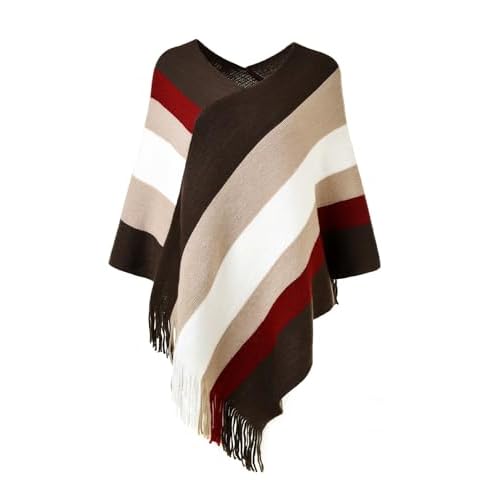 Ferand Women's Striped Poncho Sweater Cozy Knit Fringe Shawl Wraps for Fall Winter Brown & Beige
