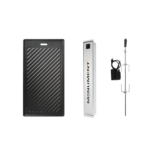 Monument Grills Stainless Steel 4-Burner Rotisserie Kit 97222, 9.45" x 17.7" 96333 Reversible Cast Iron Cooking Plate, Stainless Steel Smoker Box 9845