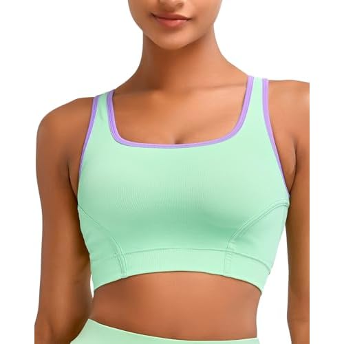 RUNNING GIRL Sports Bras for Women High Support,Seamless Ribbed Longline High Neck Sports Bra Racerback Padded Crop Top Yoga Small C-light Green