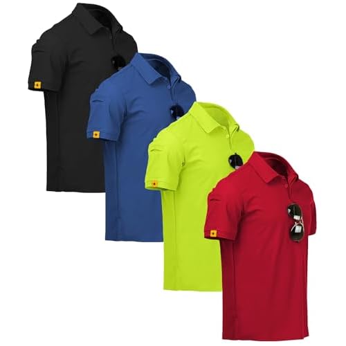 ZITY 4 Pack Mens Polo Shirt Short Sleeve Sports Golf Tennis T-Shirt Athletic Collared Tactical Shirts Medium Blue Black Lemongreen Red
