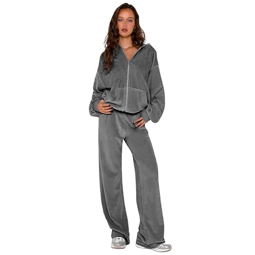 yidengymx Womens 2 Piece Velour Tracksuit Two Piece Soft Velvet Hooded Sweatsuits for Women Lounge with Pockets Medium Hoodie-Straight Pants-grey