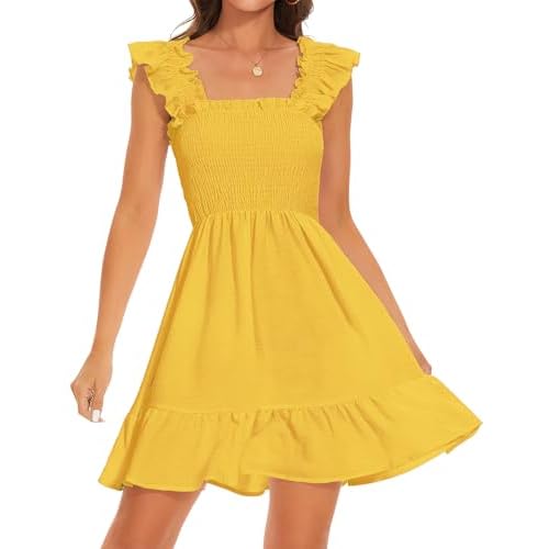 ROYLAMP Women's Smocked Dresses Square Neck Elegant Tiered Boho Ruffle Shoulder Swing Flowy Summer Casual Mini Dress X-Large Yellow