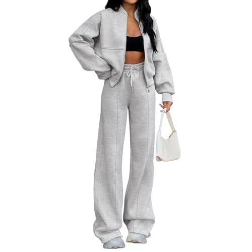 Womens 2 Piece Sweatsuits Set Zip Up Sweatshirt Wide Leg Sweatpants Loungewear Outfit Beige X-Large