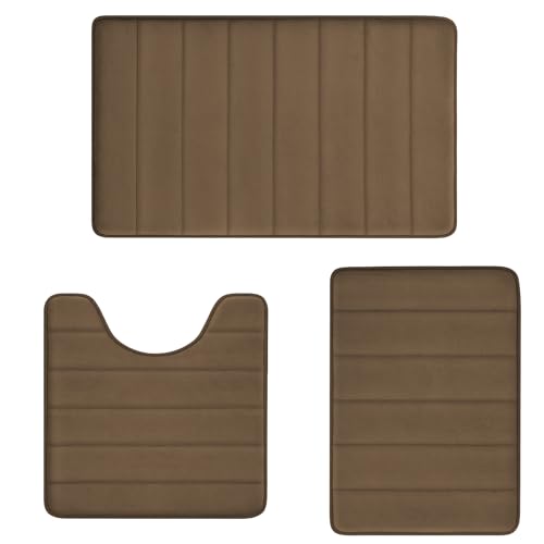 Brown Bathroom Rugs Memory Foam Bath Mat Set 3 Piece Non-Slip Bath Rugs, Absorbent Shaggy Rugs, Machine Wash,Perfect Plush Bathroom Mats, Bathroom Car