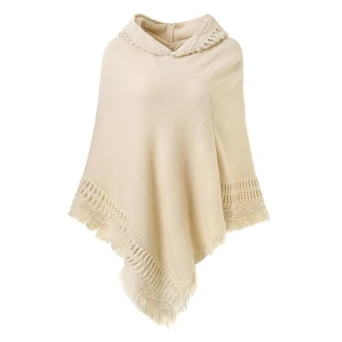 Ferand Ladies' Hooded Cape with Fringed Hem, Crochet Poncho Knitting Patterns for Women One Size Beige