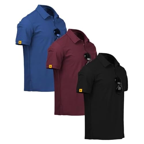 ZITY 3 Pack Mens Polo Shirt Short Sleeve Sports Performance Business Casual Golf Shirts for Men Collared Tactical T-Shirts Medium Blue Wine Black