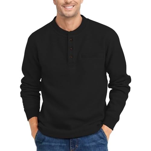 ZITY Long Sleeve Henley Shirts for Men Casual Waffle Thermal Fashion Pullover 3-Button T-Shirt with Pocket Large All Black