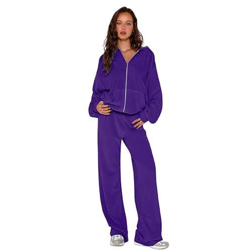 yidengymx Womens 2 Piece Velour Tracksuit Two Piece Soft Velvet Hooded Sweatsuits for Women Lounge with Pockets Small Hoodie-Straight Pants-purple
