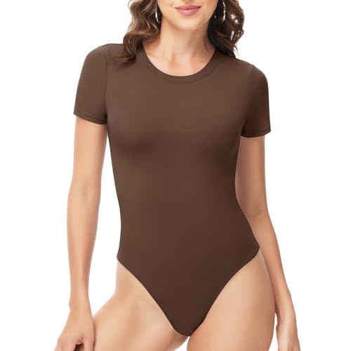 TNNZEET Bodysuits for Women - Black Bodysuit Women Tops Round Neck T Shirts for Women Fashion Body Suit Going Out Tops Medium Brown
