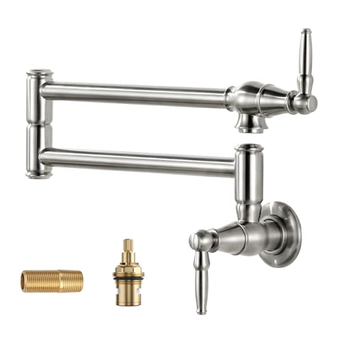 Pot Filler Faucet Brushed Nickel: Solid Brass Wall Mount Heavy Duty Stove Pot Filler with Double Joint Swing Arms - Single Hole Commercial Folding Str