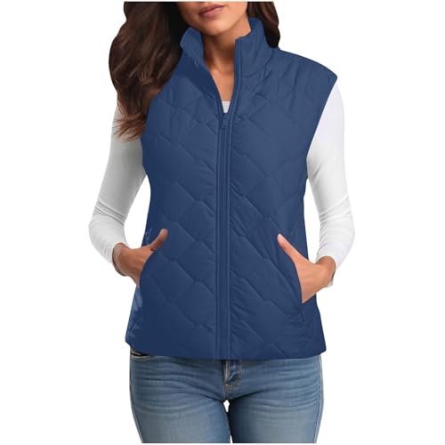 Womens Quilted Vest Lightweight Zip Up Puffer Sleeveless Autumn Outerwear Casual Body Warmer with Versatile Collar A02 Blue Large