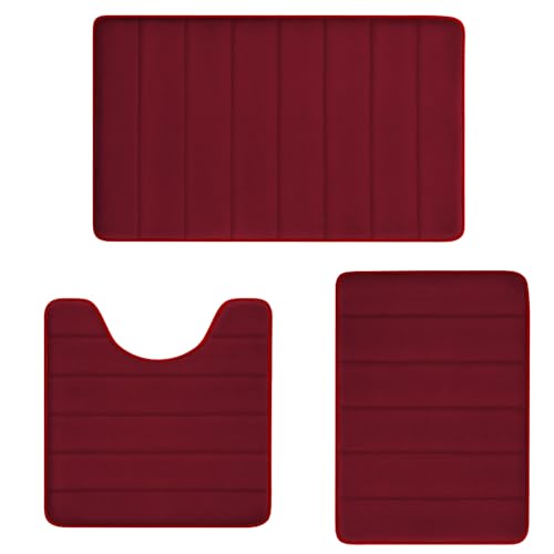 Burgundy Bathroom Rugs Sets 3 Piece Memory Foam Non Slip Bath Mats for Bathroom Floor and U-Shaped Contour Toilet Rug, Soft Washable Bathroom Mats and